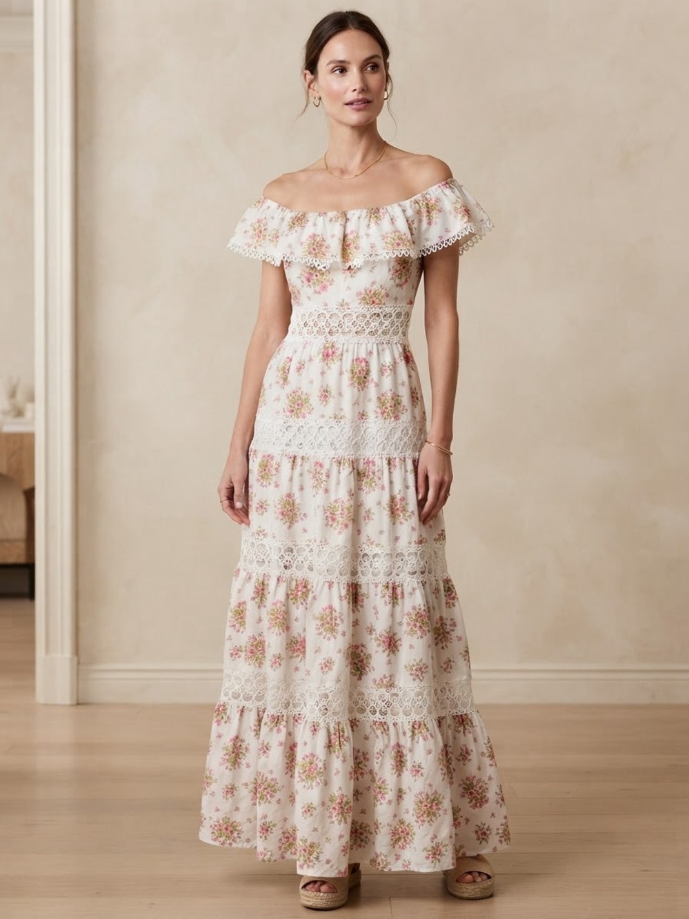 Just Me Floral Crochet Lace Ruffle Maxi Dress Cream Pink Tiered Cottagecore S
